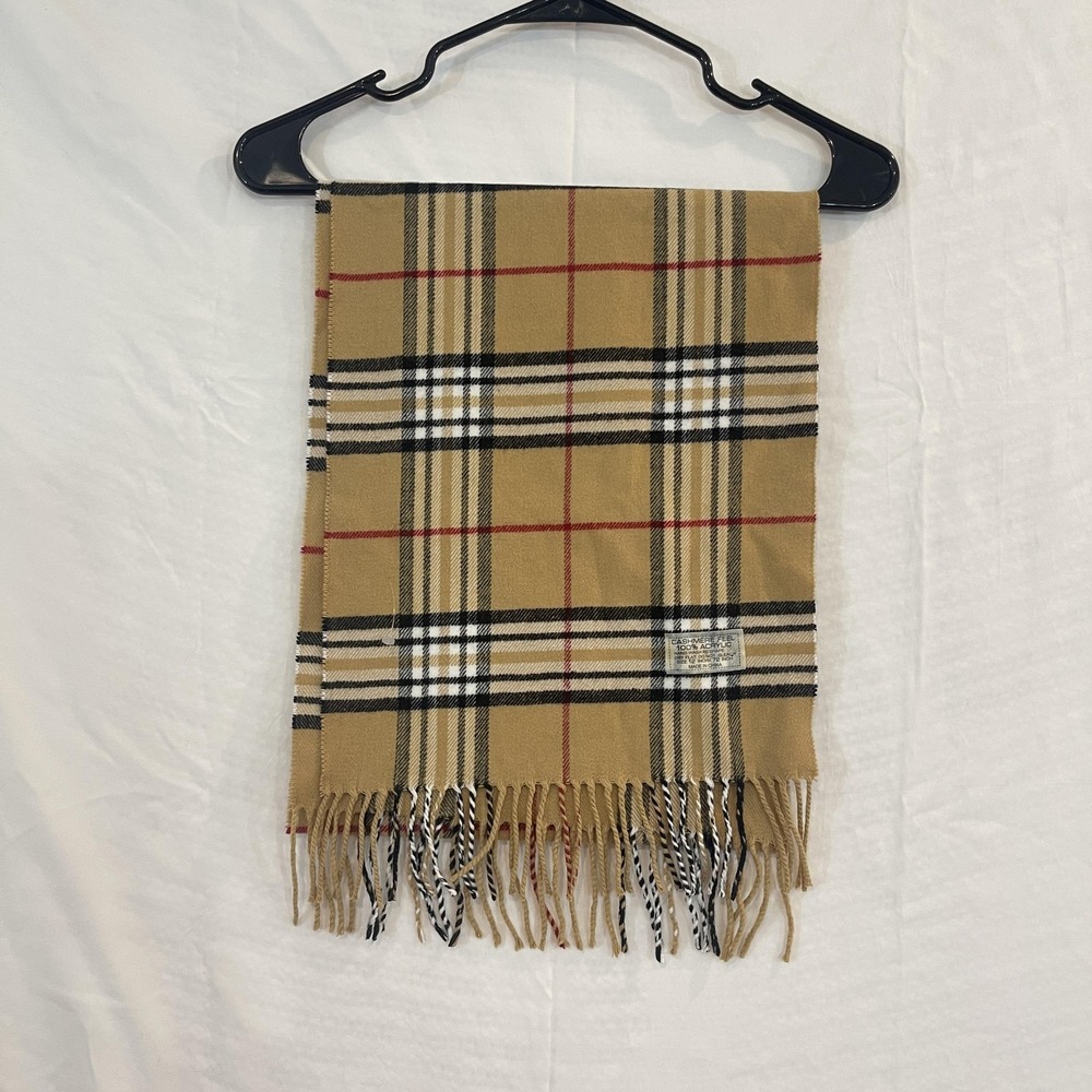 Plaid Scarf Womens 12x72 Tan Camel Black‎ Fringe Cashmere Feel Acrylic Check